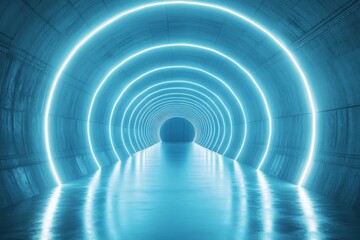Aufkleber - Illuminated tunnel with glowing blue neon lights creating a surreal atmosphere