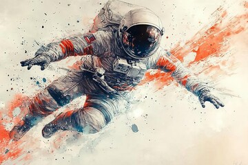 Wall Mural - astronaut floating in space surrounded by vibrant color splashes, expressing the vastness and beauty