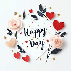 Poster - White card with a heart and the words Happy Day written on it. Minimalistic background.