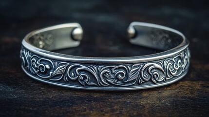 th-century handcrafted silver cuff bracelet on a moody charcoal background