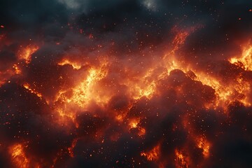 Poster - Fiery clouds illuminate the sky during a volcanic eruption at dusk, showcasing nature's power and beauty