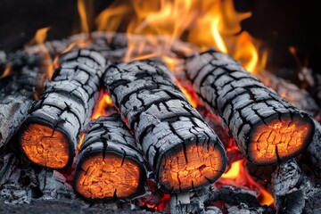 Poster - Burning logs create an ambient glow in a campfire during a cool evening in the forest