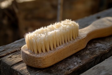 Leinwandbilder - Wooden brush with natural bristles resting on a rustic wooden surface in soft sunlight