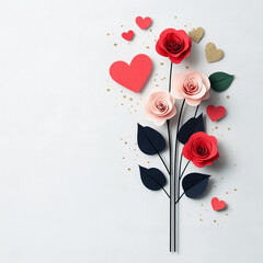 Poster - Bouquet of roses with hearts and gold glitter. Minimalistic background.