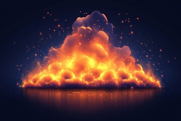 Poster - Dramatic explosion ignites the night with fiery clouds and sparkling embers over dark waters