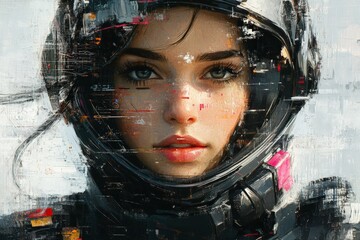 Aufkleber - Astronaut with helmet gazing into the distance in a futuristic setting with abstract digital elements