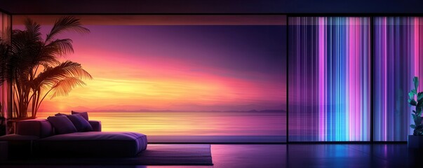 Wall Mural - A tranquil living space with a stunning sunset view, featuring modern decor and vibrant colors reflecting off large glass windows.