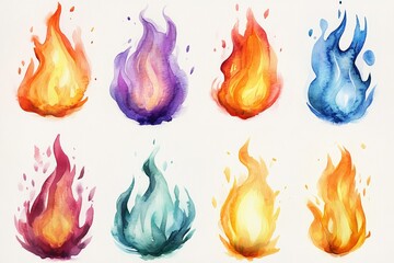 Poster - Collection of colorful watercolor flames showcasing various shapes and sizes in vibrant hues