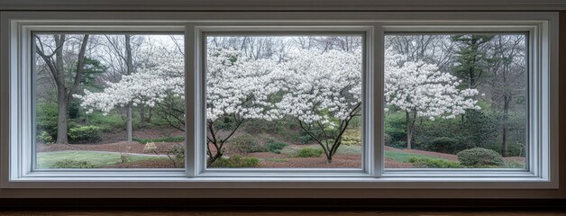 Poster - Fresh spring air flows through an open window, showcasing a radiant garden filled with blooming flowers and lush greenery