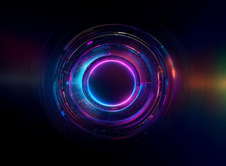 Wall Mural - abstract digital art depicting concentric glowing rings. vivid neon colors illuminate the dark backg