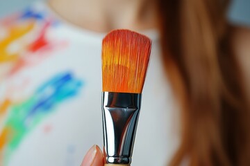Poster - Vibrant paintbrush held by an artist while creating a colorful masterpiece in a bright studio