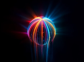 Wall Mural - a vibrant, glowing sphere radiates multicolored light streaks against a stark black background. the 