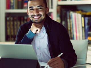 Aufkleber - Laptop, portrait and writing with business man in home office for deadline or remote work. Computer, late and smile of happy freelance employee in apartment for accounting or budget at night