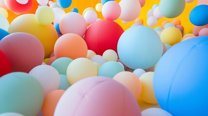 Wall Mural - a lot of colorful balloons of different sizes are floating in the air. the background is yellow. the
