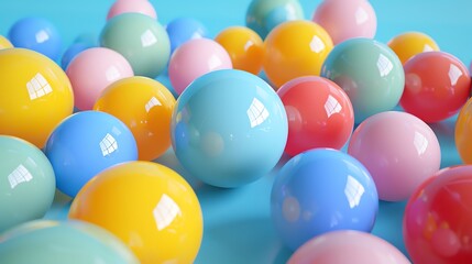 Canvas Print - A 3D rendering of a bunch of glossy balls in various pastel colors against a pastel blue background.