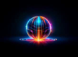 Wall Mural - a vibrant, luminous sphere glows with streaks of blue, orange, and pink light, resting on a reflecti