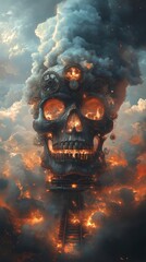 Wall Mural - Locomotive train morphed into a terrifying skull with elaborate features like gears and smoke pouring from its top all set against a backdrop of a tempestuous sky