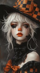 Wall Mural - Portrait of a haunting girl clown her white curls cascading beneath a widebrimmed checkered hat Black face paint and orange lipstick make her eerie set against a moody dark grey background