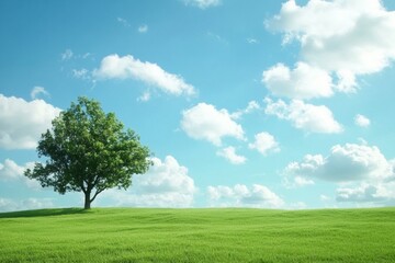 Poster - Open green landscape under a bright blue sky with fluffy clouds and a solitary tree in the afternoon light. Generative AI