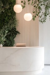 Poster - A reception area features a vertical herb garden behind the front desk, surrounded by fresh herbs and soft lighting, creating a serene eco-friendly environment for visitors