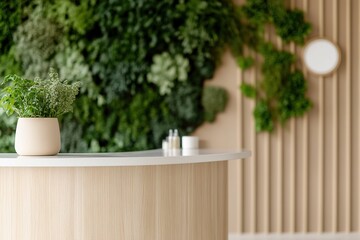 Poster - Softly focused view of a reception area featuring a vertical herb garden behind the desk, providing an immersive, eco-friendly atmosphere filled with natural scents and fresh greenery