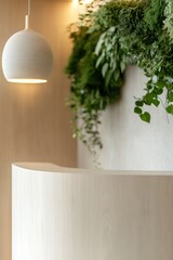 Poster - A modern reception desk is flanked by a lush living plant wall, featuring vibrant greens. Soft lighting enhances the natural textures, creating an inviting atmosphere for visitors