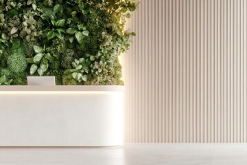 Poster - A modern reception area features a sleek desk enveloped by a lush plant wall, enhanced by warm lighting and blurred organic textures, promoting an inviting eco-friendly ambiance