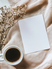 Aufkleber - Empty space for writing with coffee cup and dried flowers on soft fabric background in calm setting. Generative AI