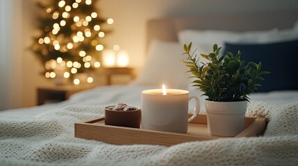 Canvas Print - A serene bedroom setting showcases fairy lights, a cup of hot cocoa, and a candle, creating a warm and inviting atmosphere