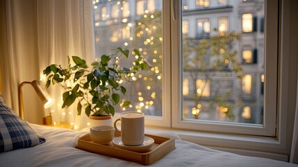 Canvas Print - A serene bedroom setting showcases fairy lights, a cup of hot cocoa, and a candle, creating a warm and inviting atmosphere