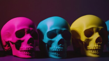 Colorful Skull Display: Vibrant pink, blue, and yellow skulls arranged artistically for striking visual impact and creative decoration.