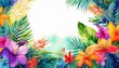 © MHC_Design - border frame beautiful palm tree leaves and jungle flowers on white background; copy space for your text