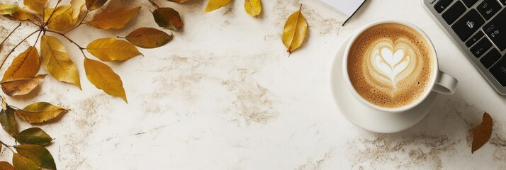 Aufkleber - Warm coffee cup surrounded by autumn leaves on a surface, perfect for text or quotes during the cozy season. Generative AI