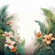 © MHC_Design - border frame beautiful palm tree leaves and jungle flowers on white background; copy space for your text