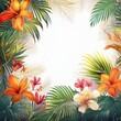 © MHC_Design - border frame beautiful palm tree leaves and jungle flowers on white background; copy space for your text