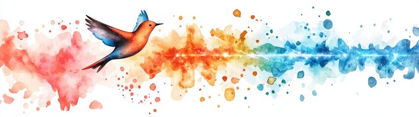 Poster - Colorful watercolor bird flying through vibrant splashes of red, orange, blue and turquoise representing freedom and creativity