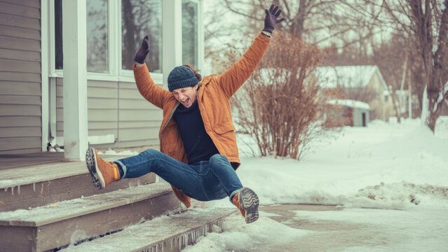 Person humorously slips on icy porch steps during a winter day, creating a comical moment of surprise and laughter