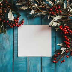 Poster - Creative blank space for festive greetings and messages surrounded by holiday foliage and vibrant red berries in winter. Generative AI