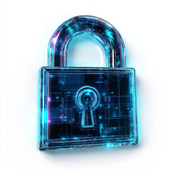 Wall Mural - digital lock icon, cyber security symbol, holographic effect, metallic and blue, isolated on white background