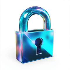 Wall Mural - digital lock icon, cyber security symbol, holographic effect, metallic and blue, isolated on white background