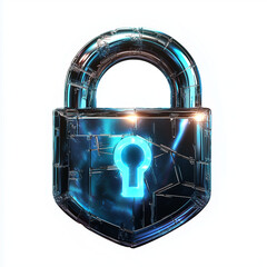 Wall Mural - digital lock icon, cyber security symbol, holographic effect, metallic and blue, isolated on white background