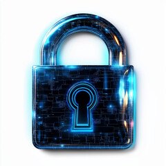 Wall Mural - digital lock icon, cyber security symbol, holographic effect, metallic and blue, isolated on white background