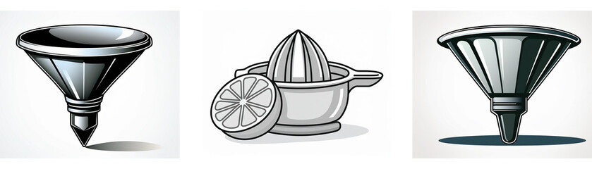 Poster - A set of three kitchen utensil icons: two funnels and a citrus juicer.  Simple, metallic design.
