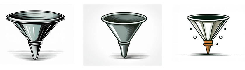 Poster - Three metallic funnels, kitchen utensils, depicted as icons; variations in design and color.
