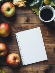 Poster - Blank notebook surrounded by fresh apples and a cup of coffee on a rustic wooden table in autumn. Generative AI