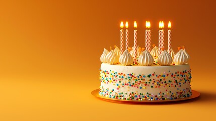 Canvas Print - a delicious looking birthday cake with colorful sprinkles and lit candles, set against a warm orange