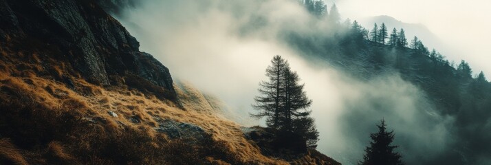 Aufkleber - Misty mountains and solitary tree reflecting tranquility during early morning hours in a serene natural landscape. Generative AI