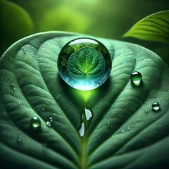 Wall Mural -  A close-up shot shows a single, perfectly round water droplet sitting atop a vibrant green leaf. 
