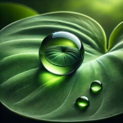 Wall Mural -  A close-up shot shows a single, perfectly round water droplet sitting atop a vibrant green leaf. 
