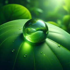 Wall Mural -  A close-up shot shows a single, perfectly round water droplet sitting atop a vibrant green leaf. 
